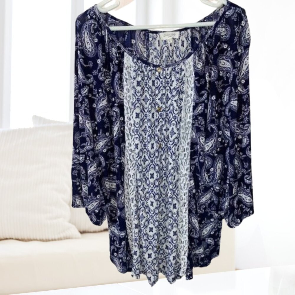 2 for $20 Siren Lily Paisley Balloon Sleeve Lace and Gold Button Blouse Size 2X - Picture 3 of 9